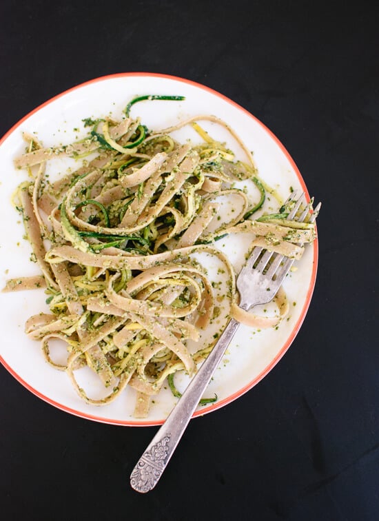 Cilantro-pepita pesto with squash ribbons and fettuccine recipe - cookieandkate.com