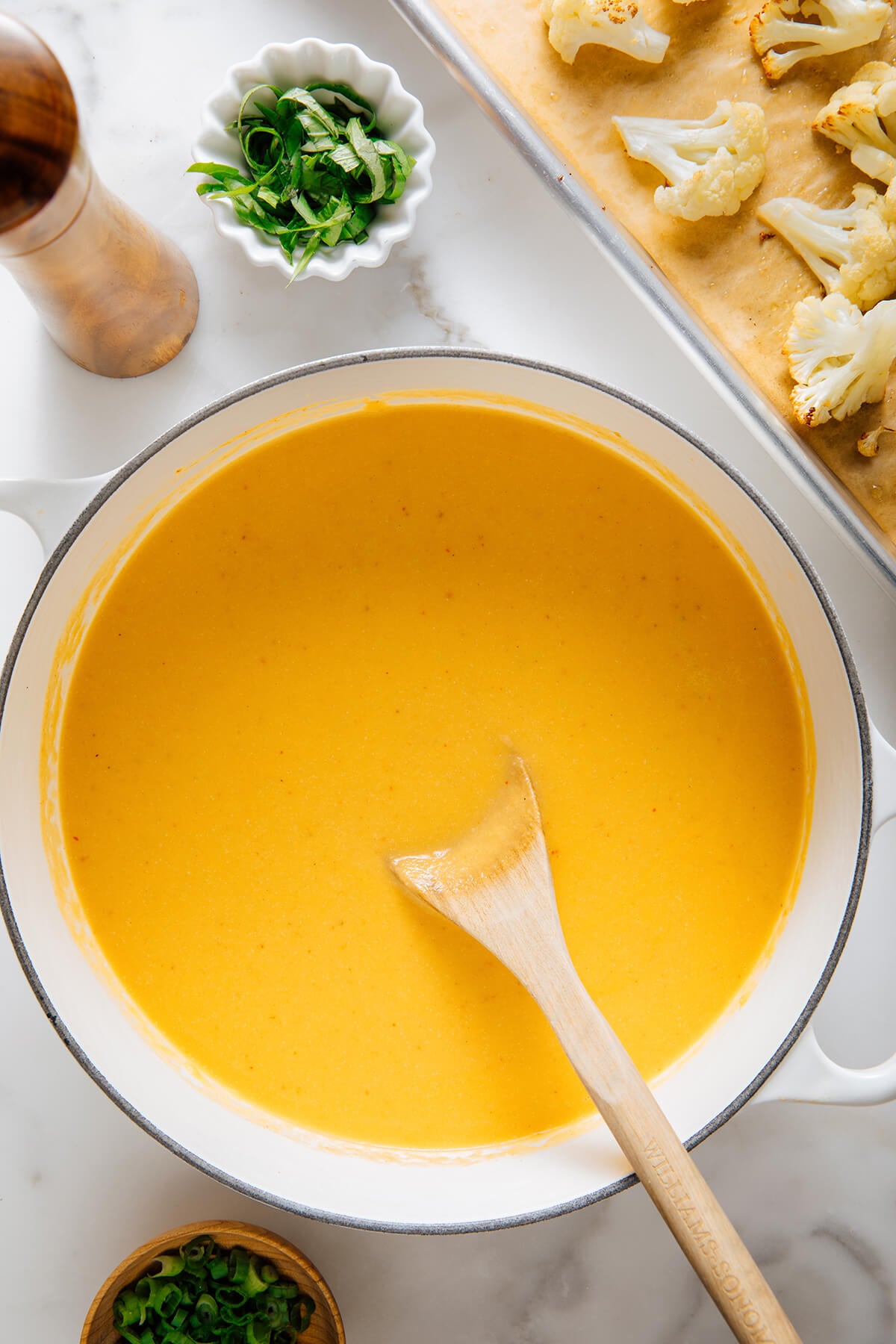 curried cauliflower soup before topping
