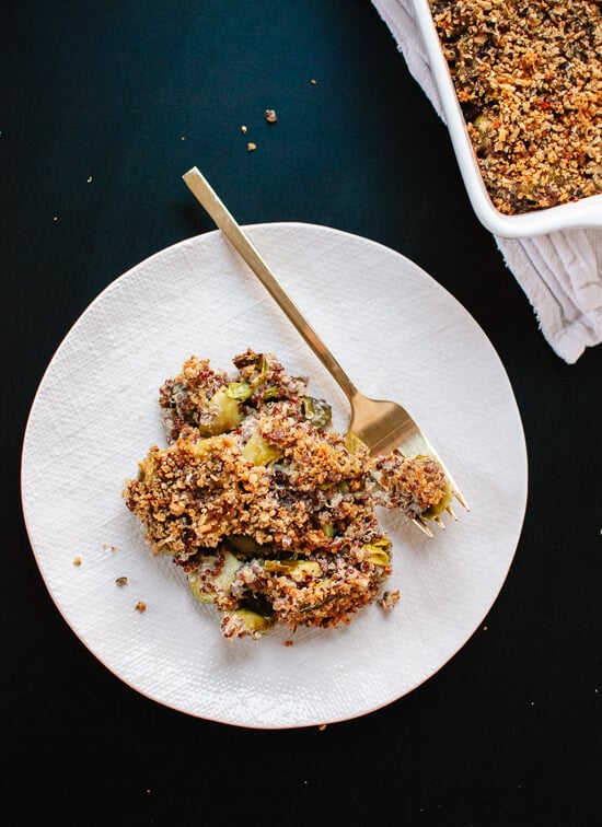 Roasted brussels sprouts and quinoa collide in this cheesy, whole grain dish. (Easily gluten free.) - cookieandkate.com
