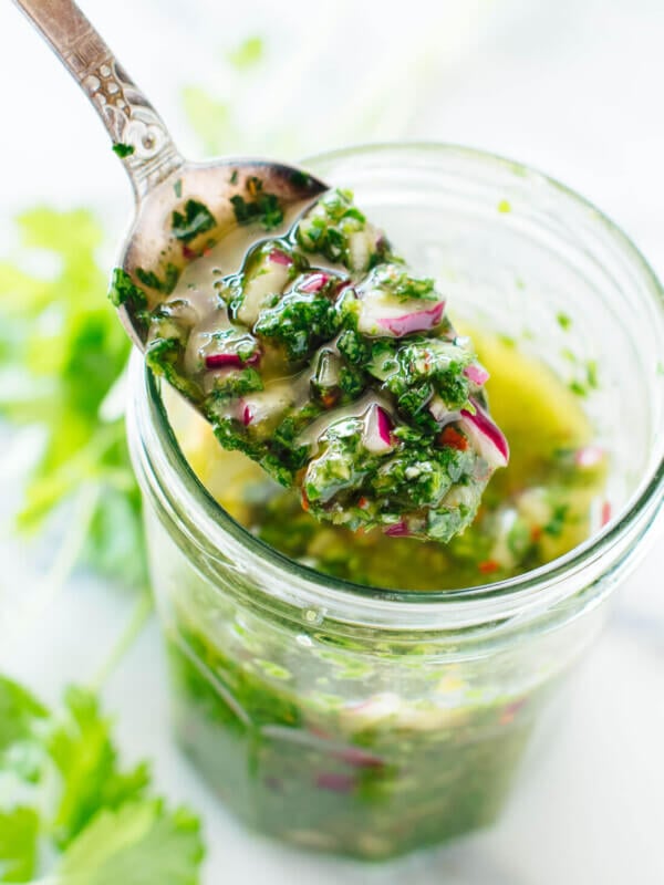 Fresh chimichurri verde recipe, made with parsley, red onion, garlic, red wine vinegar, olive oil and red pepper flakes. cookieandkate.com
