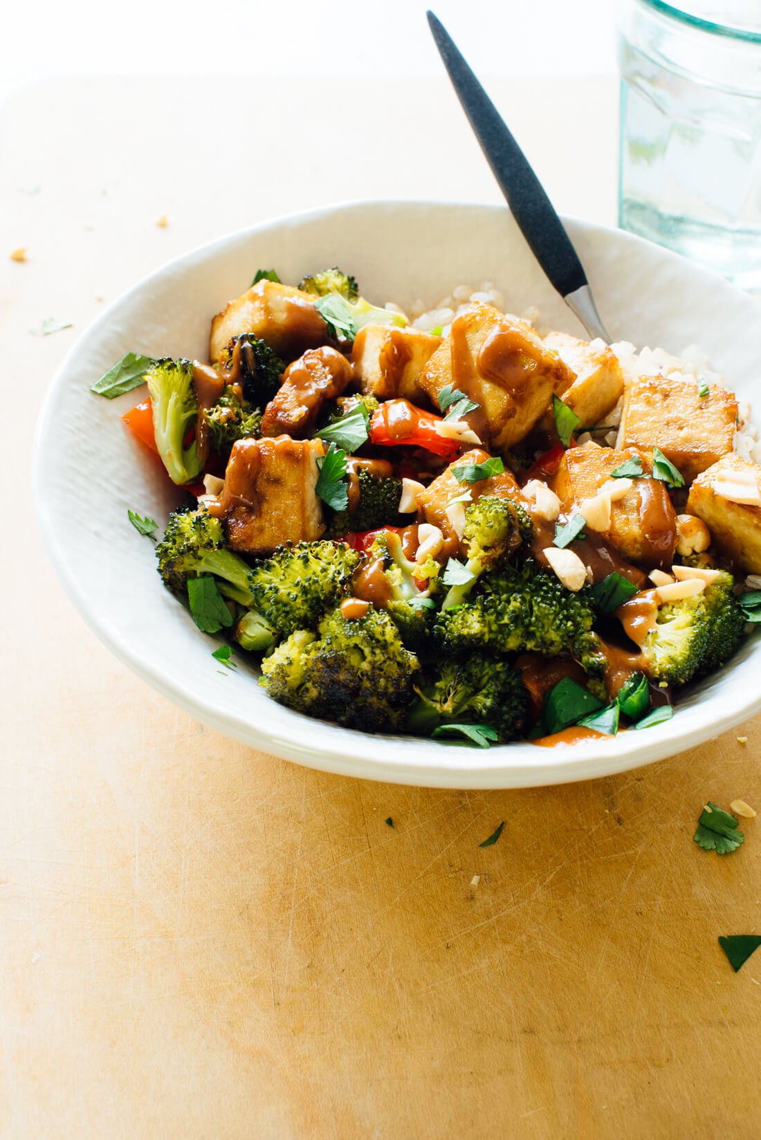 Roasted Broccoli, Bell Pepper, and Tofu Bowl with Peanut Sauce